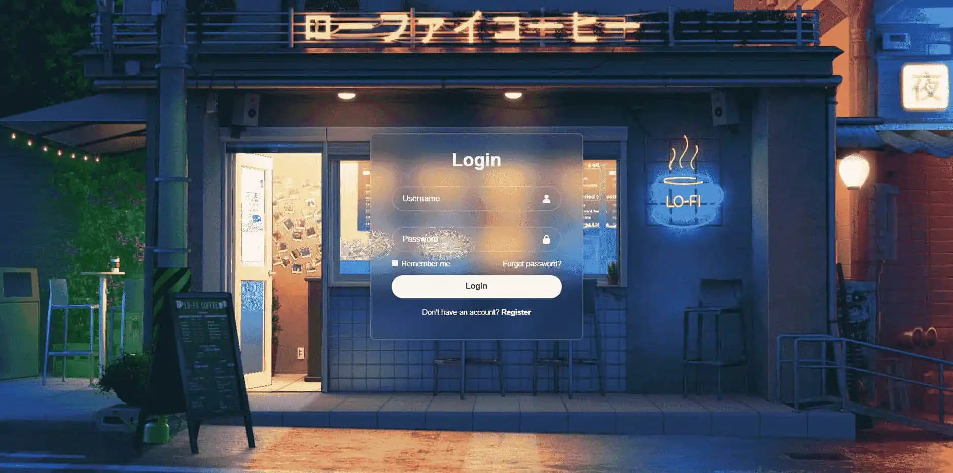 Formulario de inicio de sesión en un diseño moderno, ubicado en un div central con efecto borroso, y de fondo una cafetera japonesa en estilo lo-fi.