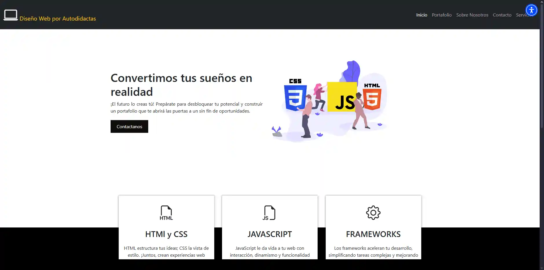 Página principal de un sitio de diseño web, mostrando una sección Hero destacada con la presentación de sus servicios, y debajo tres tarjetas informativas sobre HTML y CSS, JavaScript y Frameworks.