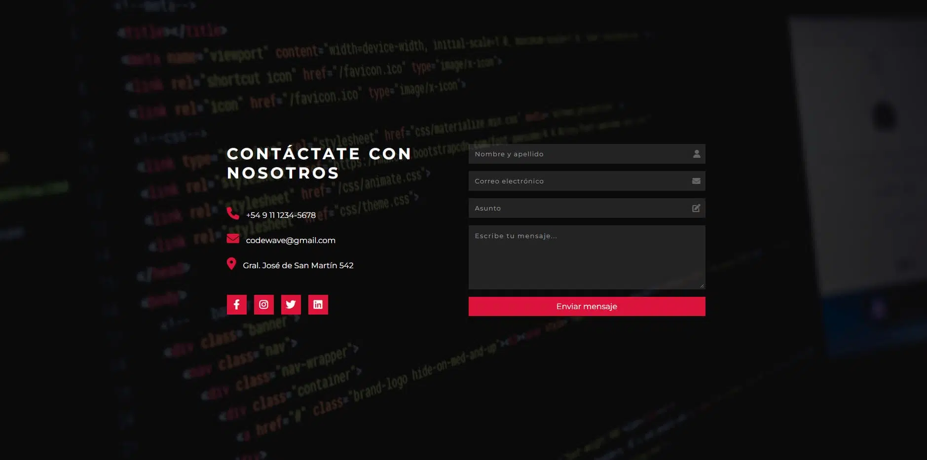 Imagen de un formulario de contacto con diseño moderno, mostrando un fondo borroso con código HTML, un formulario transparente con botones rojos en el lado derecho y en el lado izquierdo un título, un número de teléfono, una dirección de correo electrónico, una dirección física y enlaces a redes sociales.
