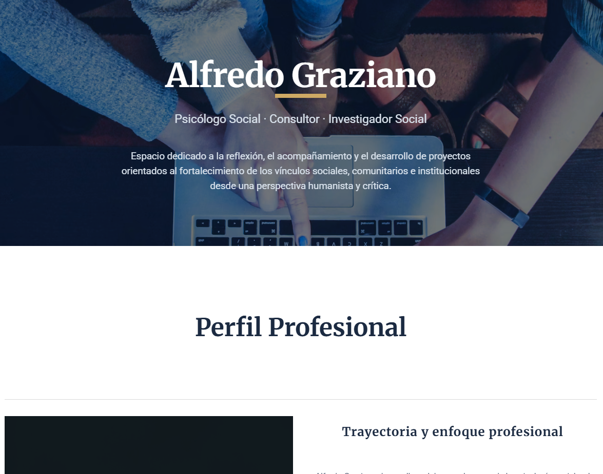 Página principal de un sitio de diseño web, mostrando una sección Hero destacada con la presentación de sus servicios, y debajo tres tarjetas informativas sobre HTML y CSS, JavaScript y Frameworks.